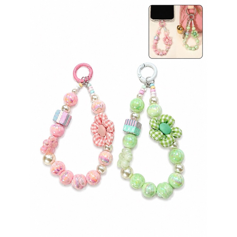Set of 2 Beaded Phone Charms cute key purse charms  Pink Green Gingham Flower
